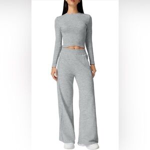 QINSEN Womens 2 Piece Sets Long Sleeve Crop Top & Wide Leg Pants Lounge Set